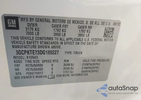 2013 Chevrolet Silverado 1500 Ltz z USA, uszkodzony, nr VIN 3GCPKTE73DG189227